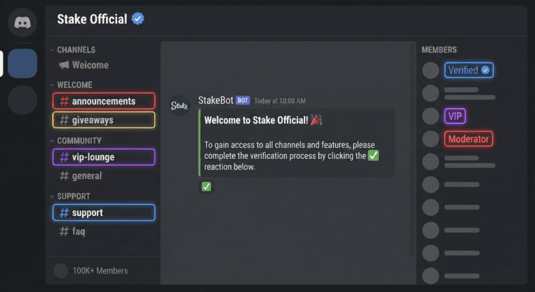 Discord server mockup displaying organized channels, verification badge, and 100K+ member count.