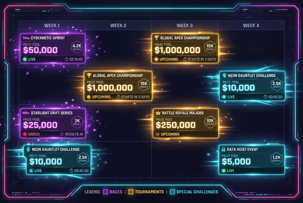 Event calendar grid displaying monthly tournaments, races, and prize pools with color-coded types.