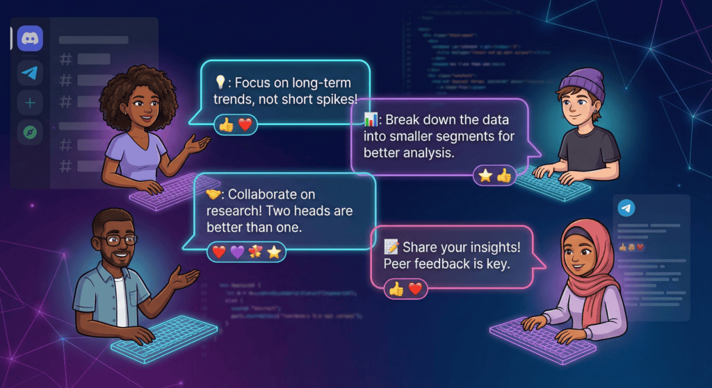 Diverse community members sharing betting strategies and tips in collaborative chat bubbles.