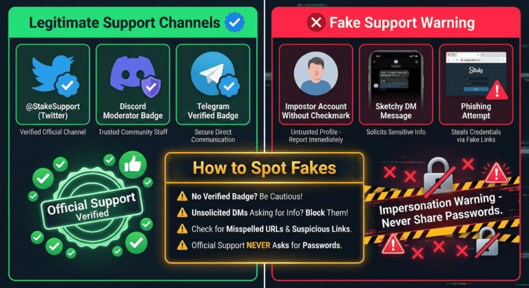 Warning infographic distinguishing legitimate support with verification badges from fake accounts.