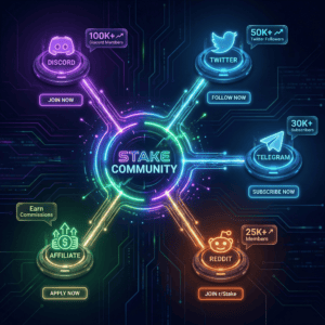 Hub-and-spoke diagram showing all Stake community entry points radiating from central hub.