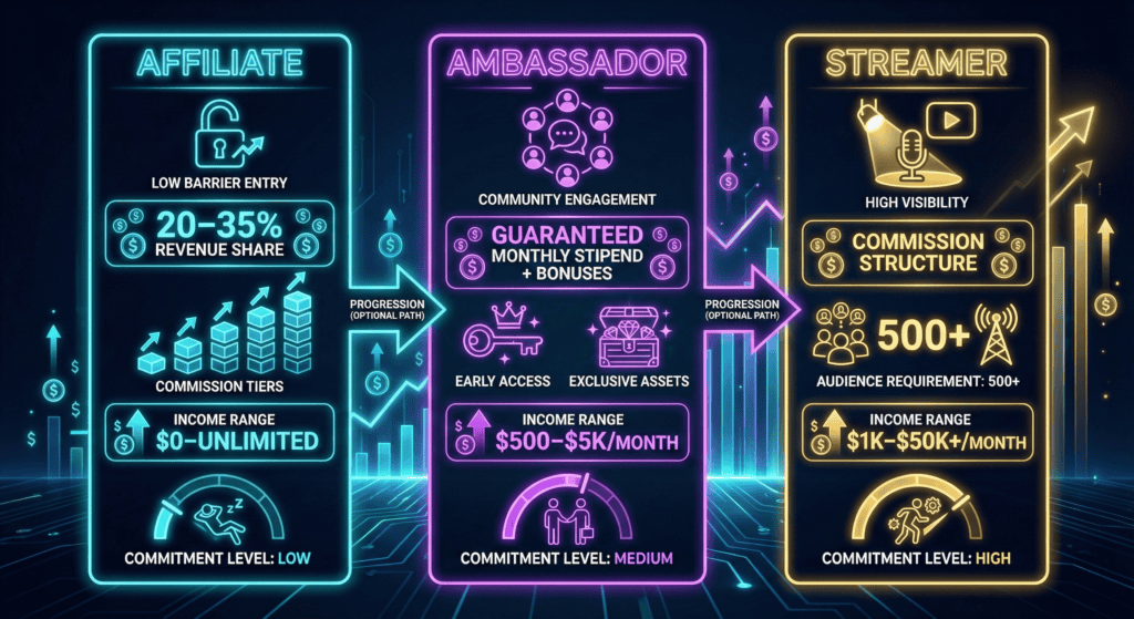 Three-column comparison of affiliate, ambassador, and streamer earning opportunities with commitment levels.