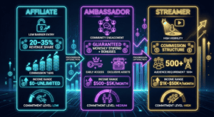 Three-column comparison of affiliate, ambassador, and streamer earning opportunities with commitment levels.