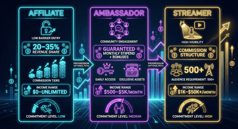 Three-column comparison of affiliate, ambassador, and streamer earning opportunities with commitment levels.