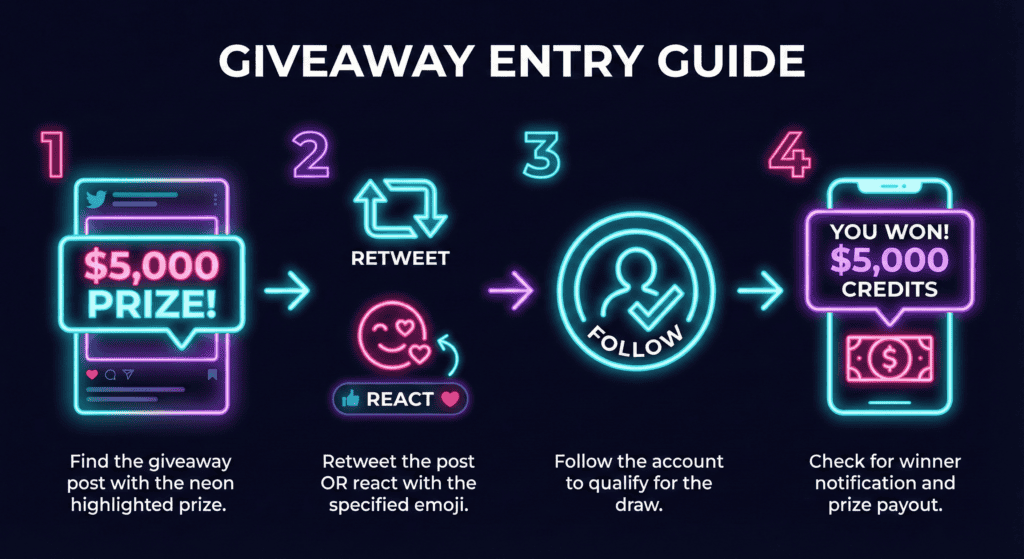 Four-step visual guide from giveaway discovery through action, follow requirements, to prize notification.
