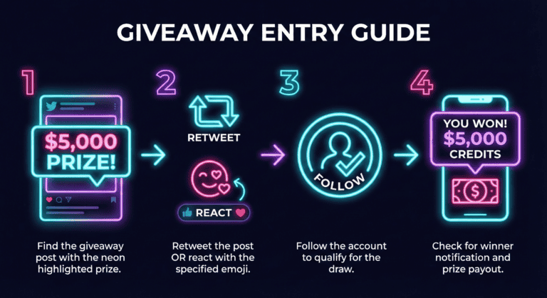 Four-step visual guide from giveaway discovery through action, follow requirements, to prize notification.