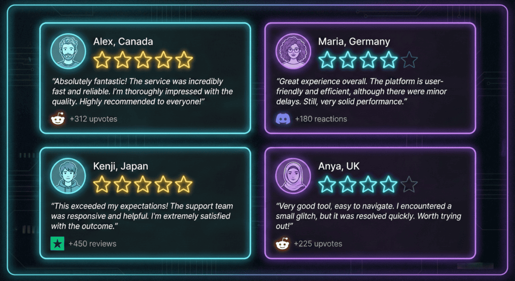 Testimonial cards displaying user reviews with star ratings, quotes, and platform badges.