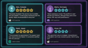 Testimonial cards displaying user reviews with star ratings, quotes, and platform badges.