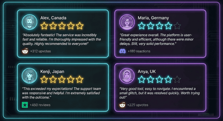 Testimonial cards displaying user reviews with star ratings, quotes, and platform badges.