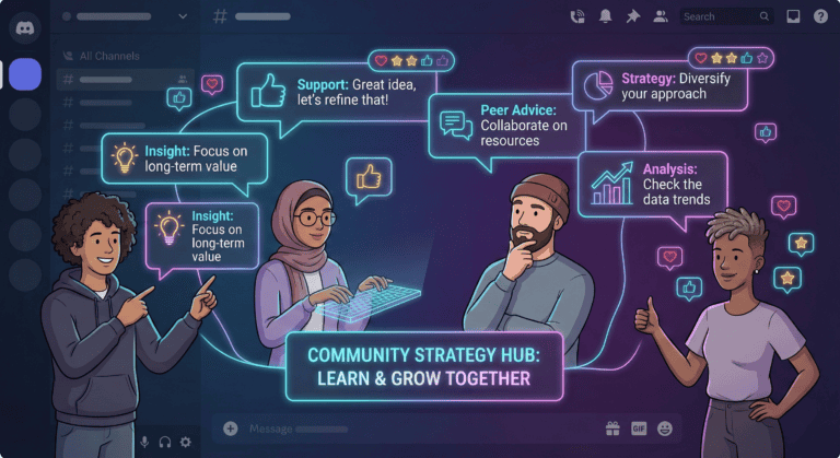 Diverse community members sharing betting strategies and tips in collaborative chat bubbles.