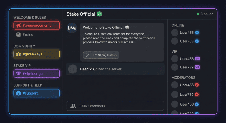 Discord server mockup displaying organized channels, verification badge, and 100K+ member count.