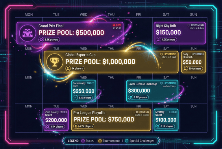 Event calendar grid displaying monthly tournaments, races, and prize pools with color-coded types.