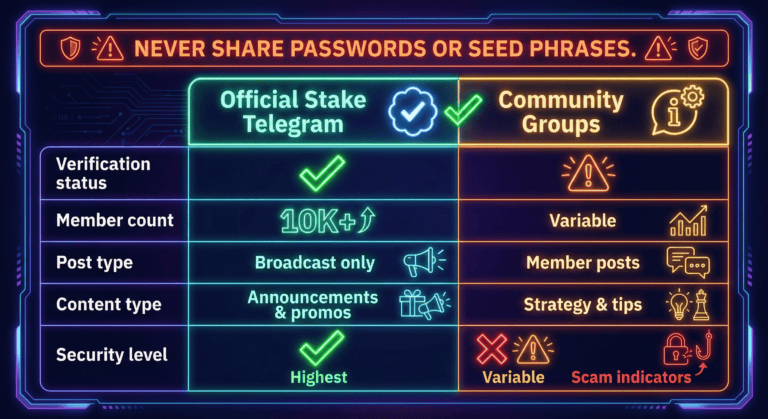 Comparison table distinguishing official Telegram channel with verification from community groups with safety warnings.