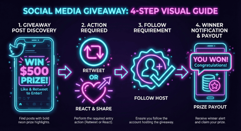 Four-step visual guide from giveaway discovery through action, follow requirements, to prize notification.