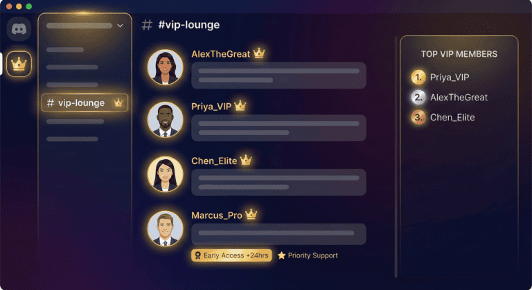 Luxurious VIP lounge illustration featuring exclusive channels, special badges, early access, and networking.