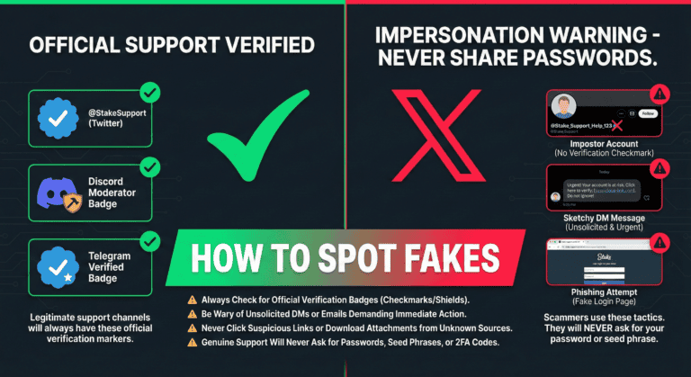 Warning infographic distinguishing legitimate support with verification badges from fake accounts.