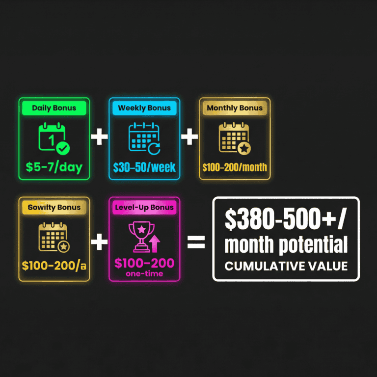 Visual equation showing how daily, weekly, monthly, and level-up bonuses combine to create total monthly bonus value