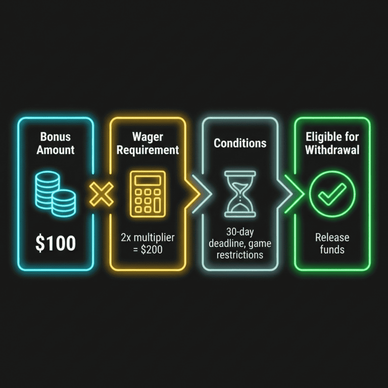 Flow diagram showing bonus amount multiplied by wager requirement, filtered through conditions, to withdrawal eligibility