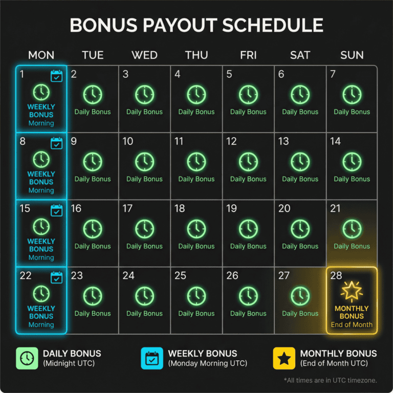Timeline showing daily, weekly, and monthly bonus payout dates on a calendar schedule