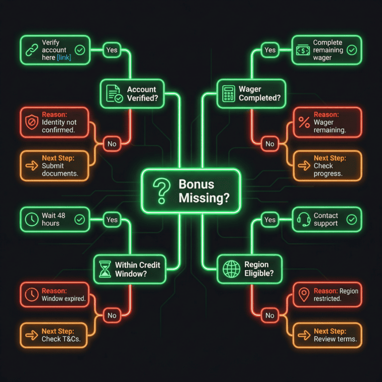 Troubleshooting flowchart helping users diagnose why a VIP bonus hasn't been received