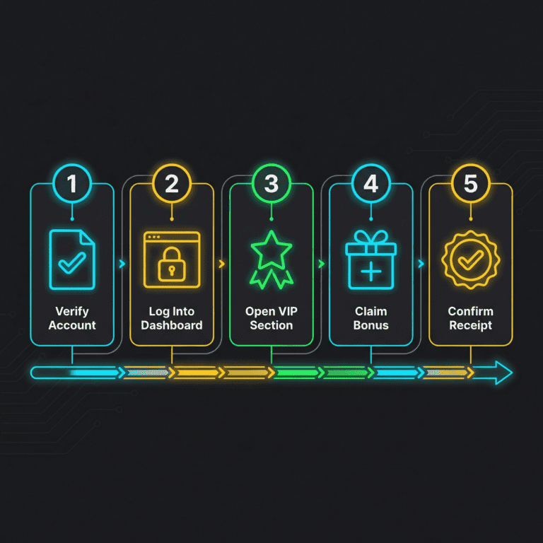 Five-step visual guide for claiming VIP bonuses: verify, login, navigate, claim, and confirm