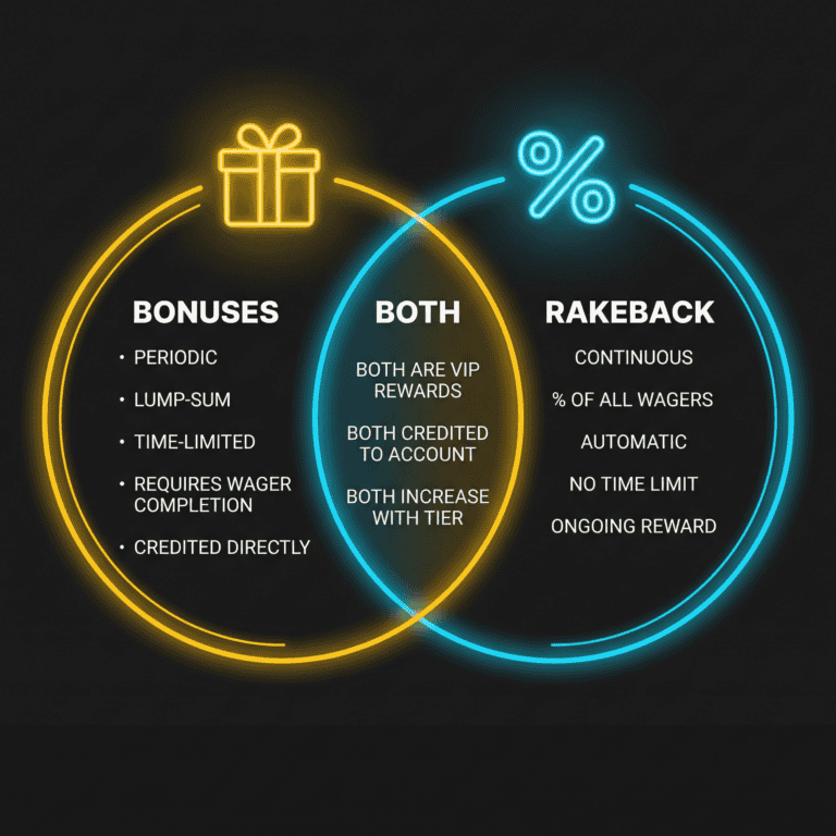 Venn diagram comparing bonuses and rakeback as distinct VIP reward types with shared characteristics