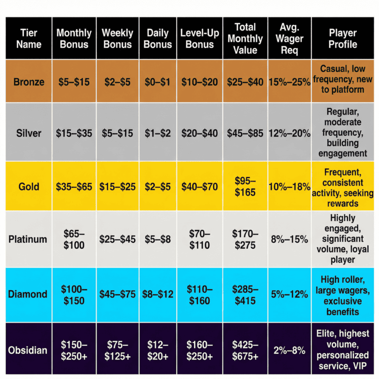 Comprehensive tier comparison table displaying all bonus types, values, and player profiles across six VIP tiers