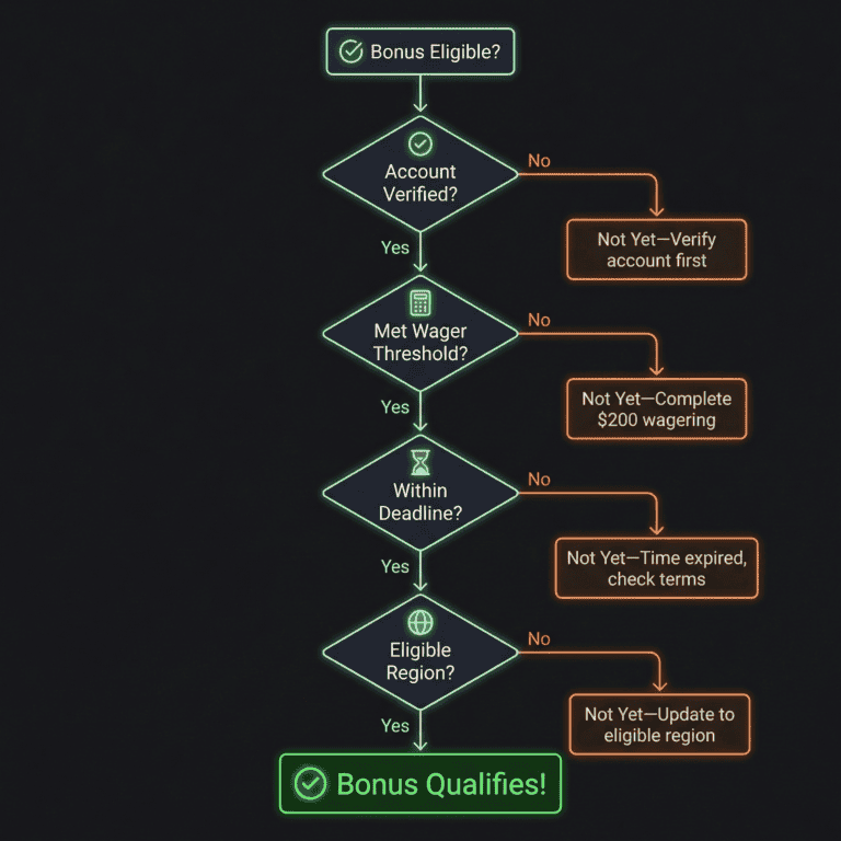 Decision tree flowchart guiding users through eligibility checks for VIP bonus qualification