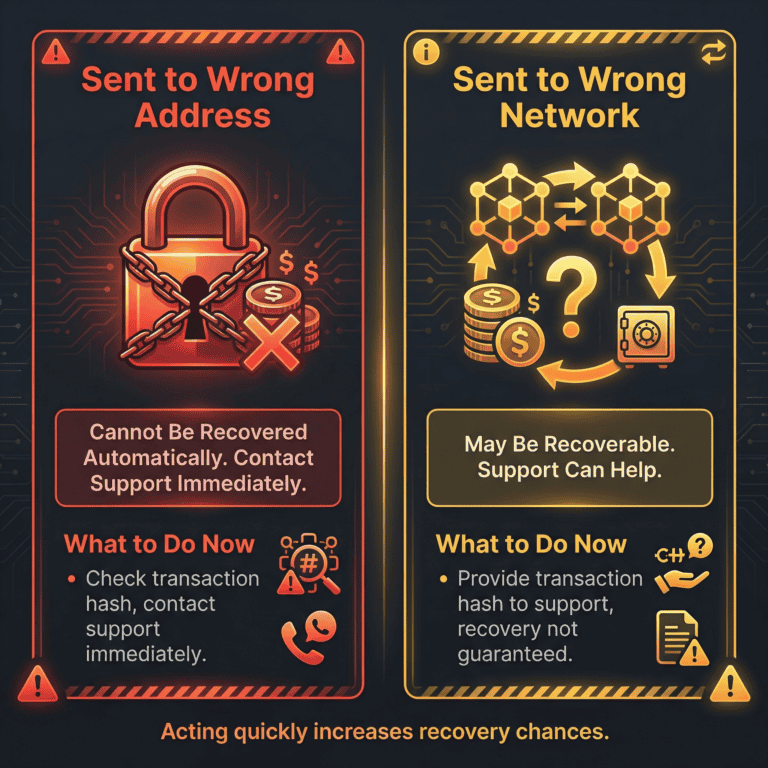Two-part warning diagram showing irreversible wrong address deposits versus potentially recoverable wrong network scenarios