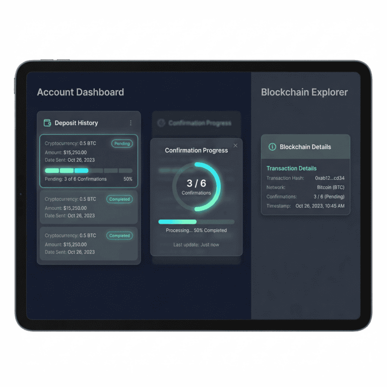 Account dashboard mockup showing deposit history with confirmation progress bar and blockchain explorer view