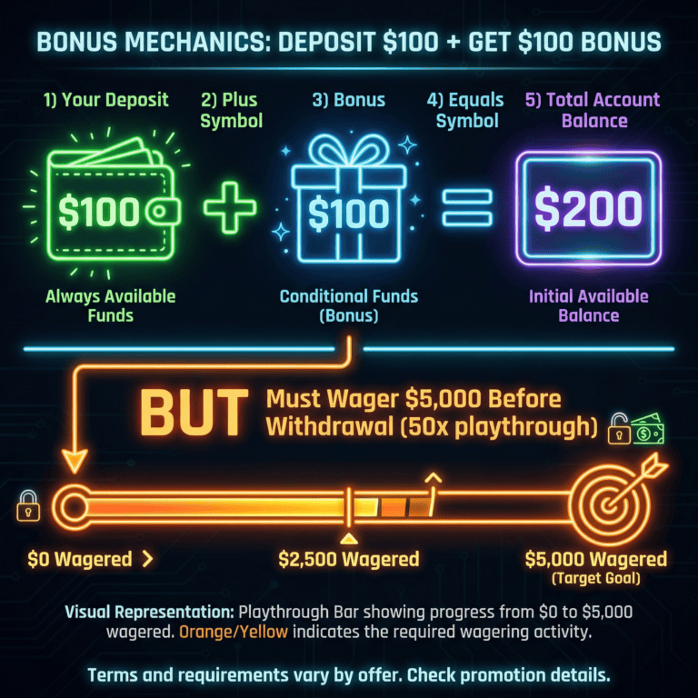 Infographic breaking down bonus mechanics showing deposit amount, bonus match, and wagering requirement calculation