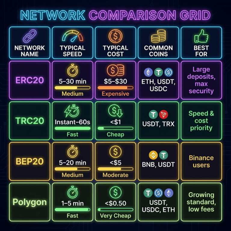 Comparison table of four blockchain networks showing speed, cost, coins, and best use cases