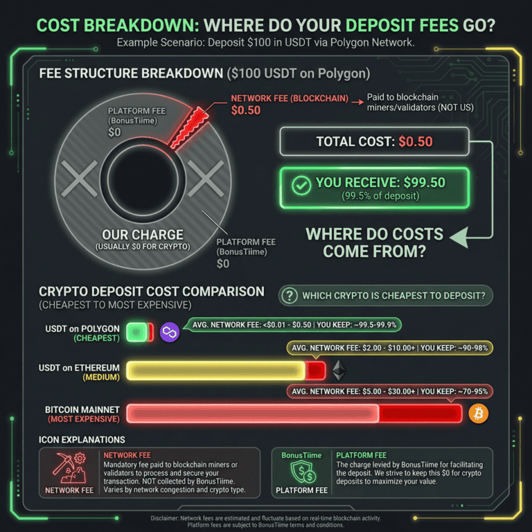 Cost breakdown chart showing network fees, platform fees, and total deposit cost for different cryptocurrencies