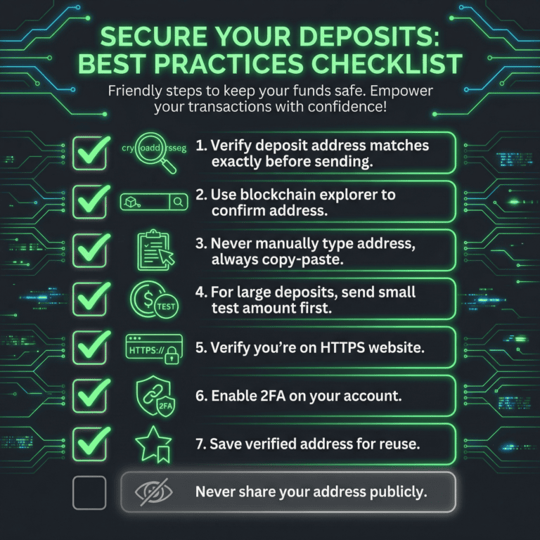 Eight-item security checklist with icons for safe cryptocurrency deposit practices