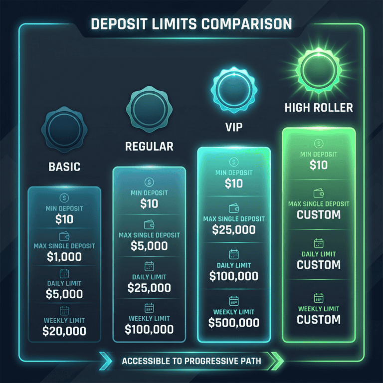 Account tier comparison chart showing minimum and maximum deposit limits for Basic, Regular, VIP, and High Roller tiers
