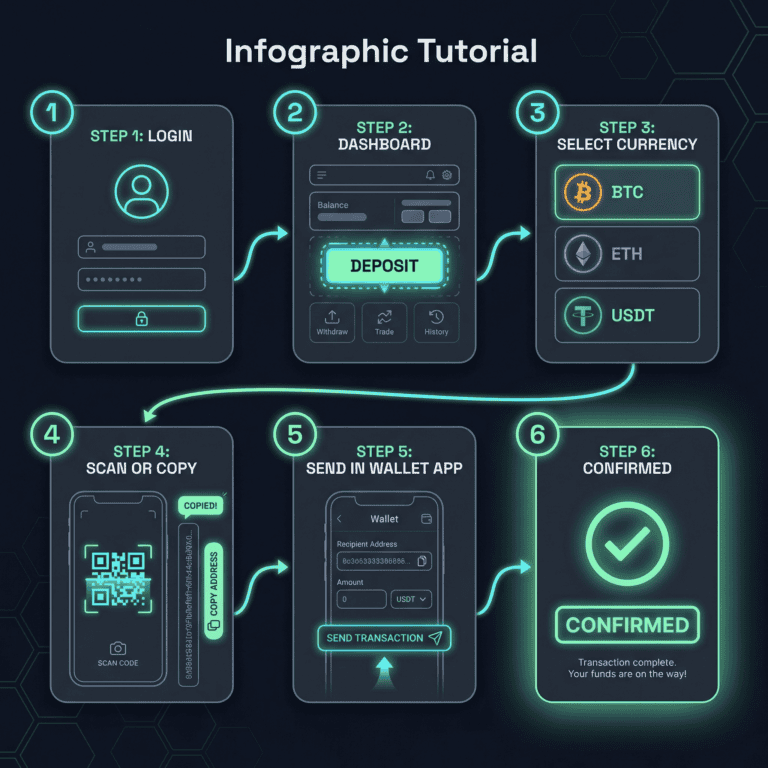 Six-step visual guide showing account login, deposit navigation, crypto selection, address copying, wallet transfer, and confirmation