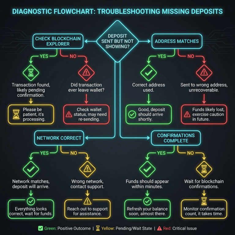 Diagnostic flowchart with decision branches helping users troubleshoot missing cryptocurrency deposits