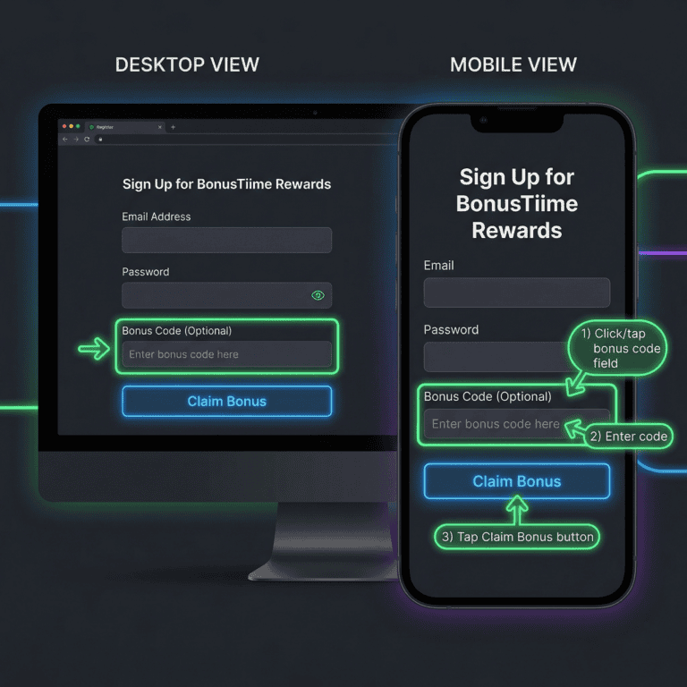 Side-by-side desktop and mobile screens showing bonus code input field and claim button location