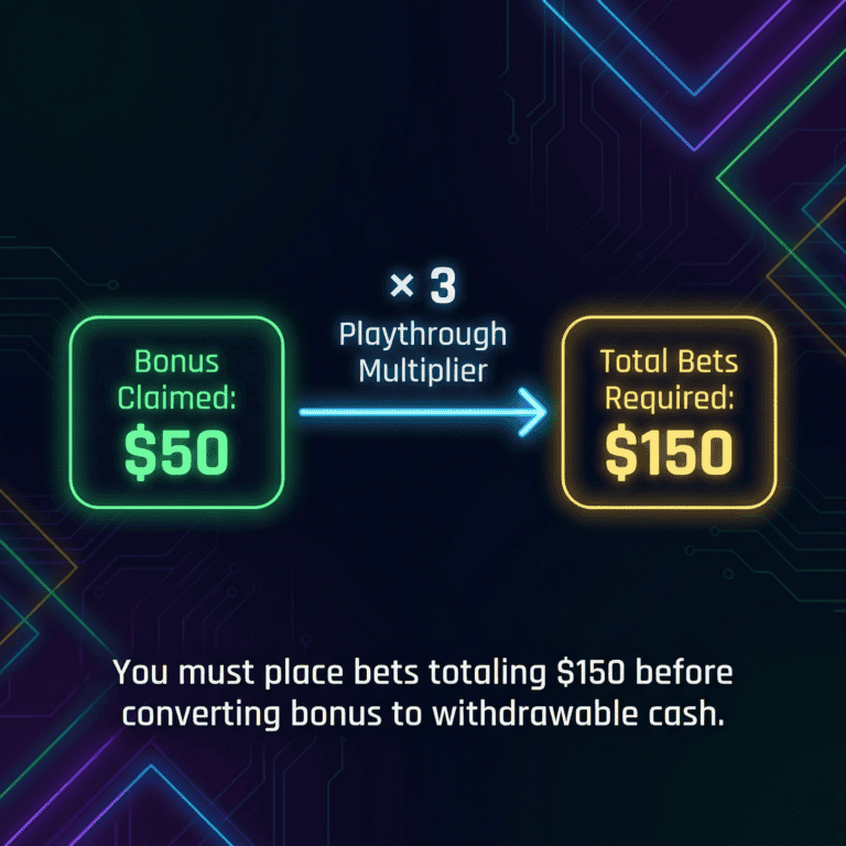 Flow diagram showing how bonus amount multiplied by three equals total playthrough requirement