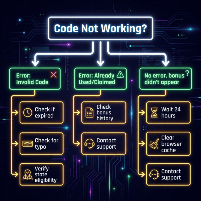 Decision tree diagram guiding users through bonus code troubleshooting steps and error resolution