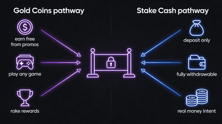 Dual-currency system flowchart: Gold Coins (free play) on left, Stake Cash (real money) on right, showing independent pathways and purposes.