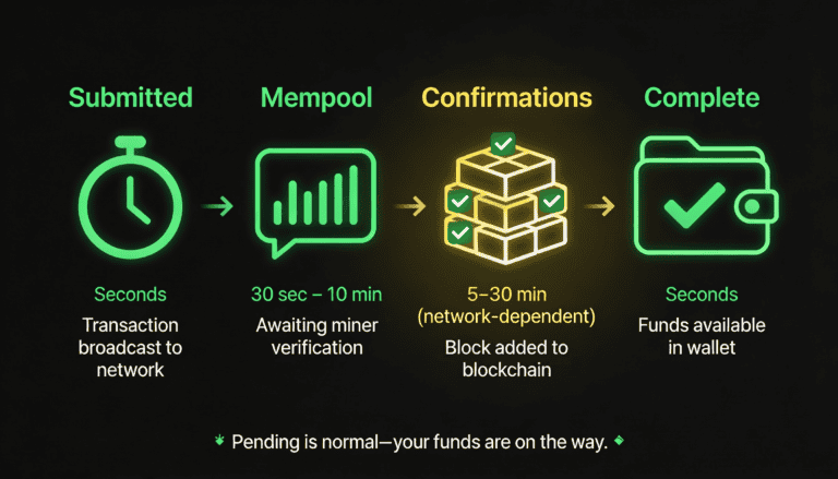 Timeline showing blockchain transaction progression from submission through confirmation to wallet receipt.