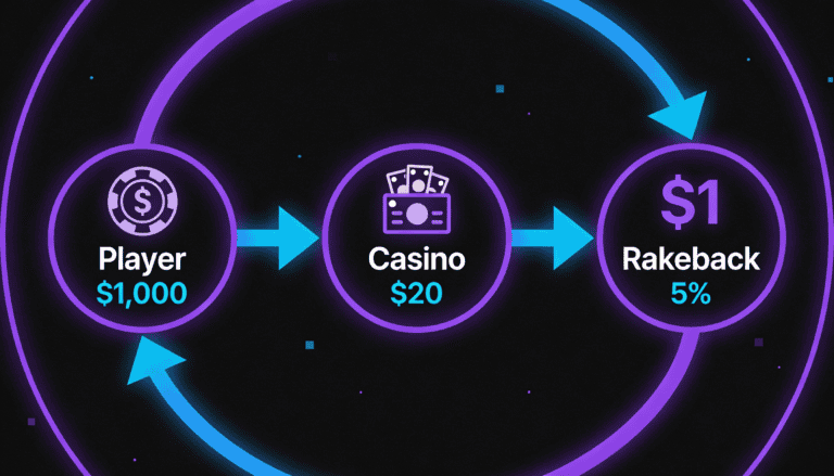 Diagram illustrating how Stake's 5% rakeback recovers a portion of house edge from casino wagers