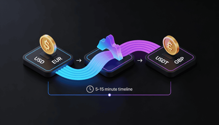 Fiat-to-crypto conversion flow showing currency input converting to stablecoin output