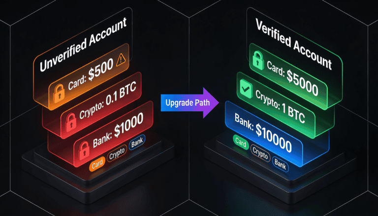 Account verification status showing increased deposit limits after completing identity verification