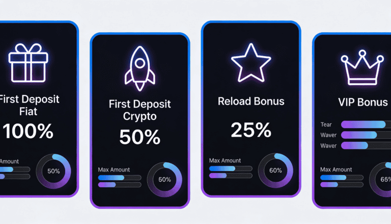 Four bonus type cards showing percentage match, maximum amounts, and wager requirements
