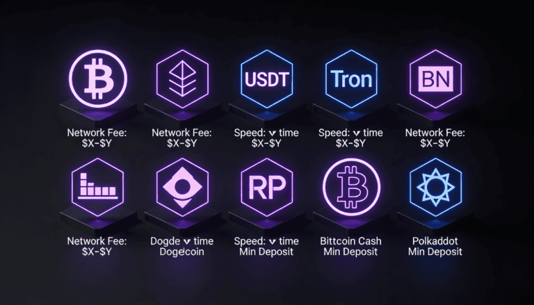 Dashboard showing 10 cryptocurrencies with network fees, speed, and minimum deposit requirements in neon-accented dark UI