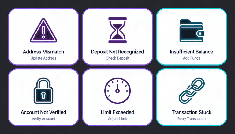 Six-card error troubleshooting guide showing common deposit issues with icons and quick-fix labels