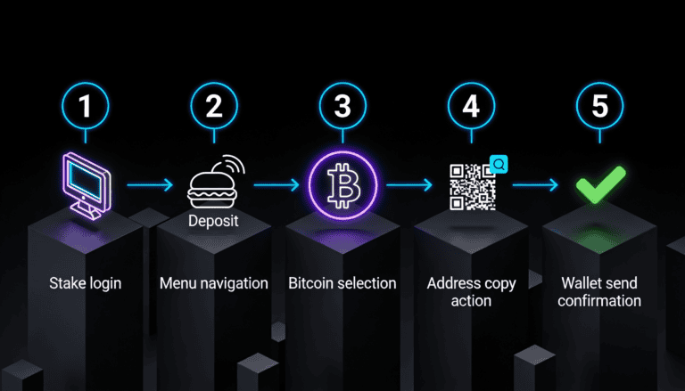 Five-step horizontal process flow showing Stake login, deposit menu, Bitcoin selection, address copy, and wallet confirmation