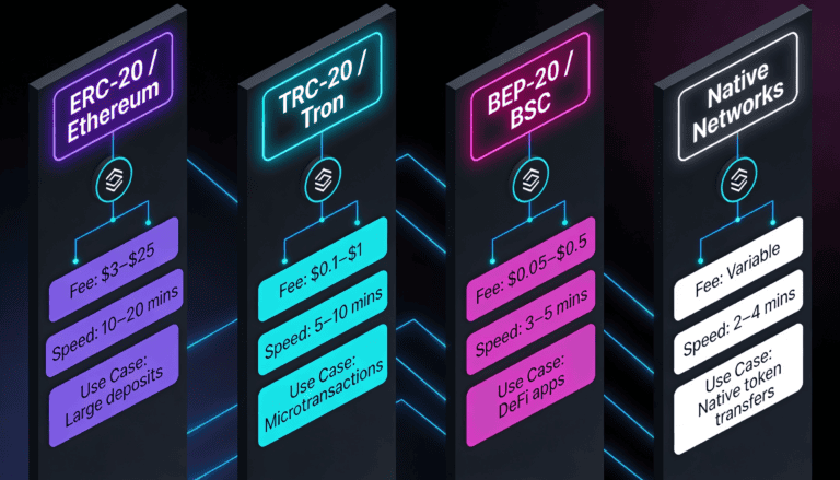 Four-column network diagram comparing ERC-20, TRC-20, BEP-20, and native blockchains with fees and speed metrics